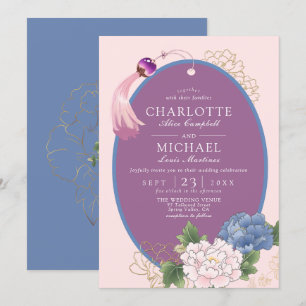 Paars - roze blauw - Chinoiserie Peony Tassel Wedd Kaart