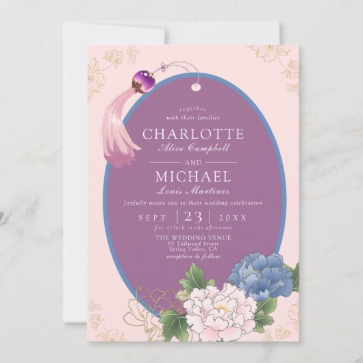 Paars - roze blauw - Chinoiserie Peony Tassel Wedd Kaart (Voorkant)