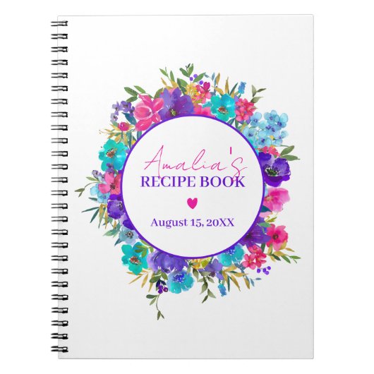 Paars roze blauw Floral Recipe Book Notitieboek (Voorkant)