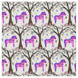 Paars/roze/blauw Folk Dala paard/vogels/bloemen Stof
