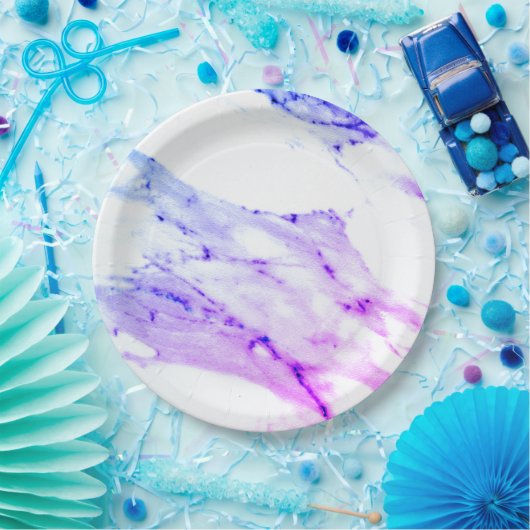 Paars roze blauw wit marmer graniet patroon papieren bordje (Feest)