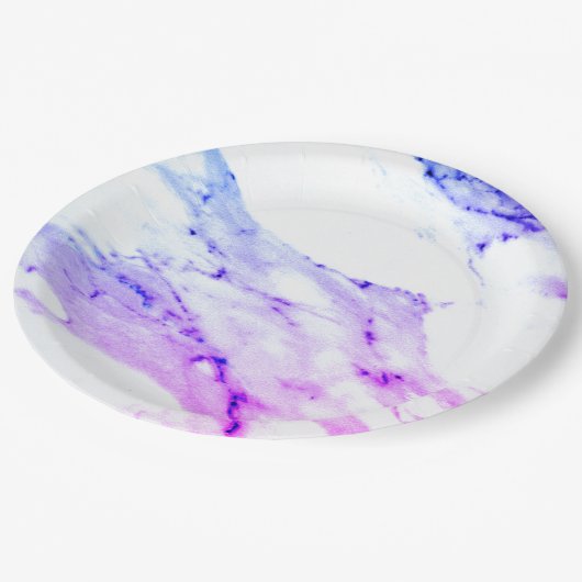 Paars roze blauw wit marmer graniet patroon papieren bordje (Gekanteld)