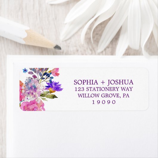 Paars Roze & Blauwe Bloemen Weduwadres Etiket (Insitu)