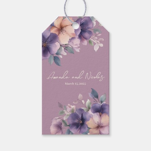 Paars roze bloemen huwelijkscadeau label cadeaulabel (Voorkant)