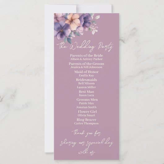 Paars, roze bloemen op het huwelijksprogramma (Achterkant)