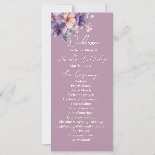 Paars, roze bloemen op het huwelijksprogramma (Voorkant)