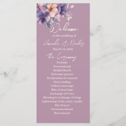 Paars, roze bloemen op het huwelijksprogramma (Voorkant)