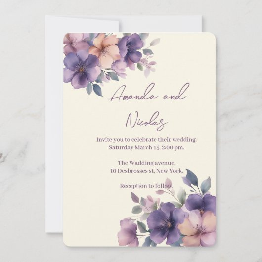 Paars roze bloemen op huwelijksuitnodiging kaart (Voorkant)