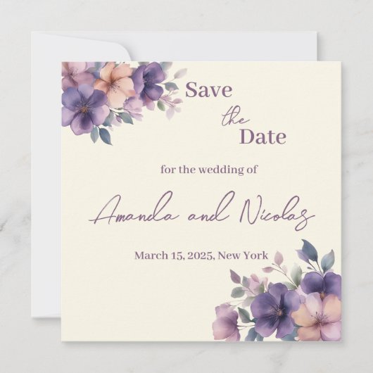 Paars roze bloemen op Save the Date Kaart (Voorkant)
