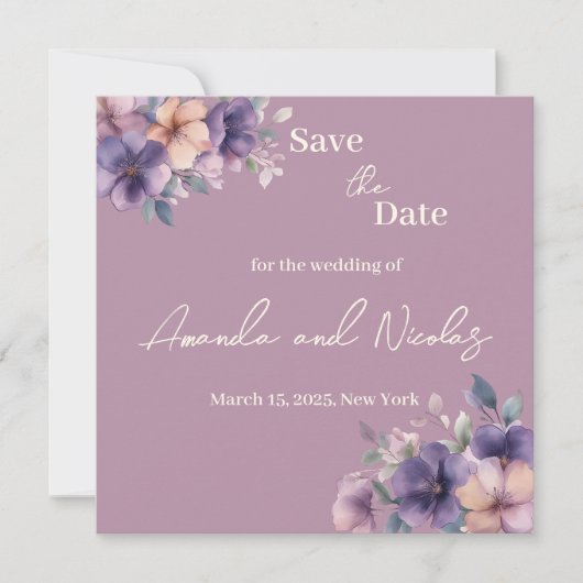 Paars roze bloemen op Save the Date Kaart (Voorkant)