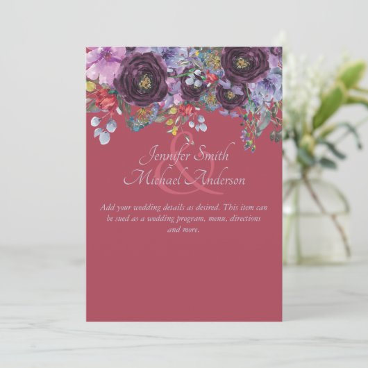 Paars Roze Bloemig Program Menu Details Sjabloon (Staand voorkant)