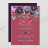 Paars Roze Bloemige Trouw Uitnodiging met Bessenge (Voorkant / Achterkant)