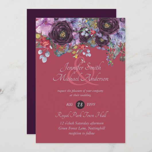 Paars Roze Bloemige Trouw Uitnodiging met Bessenge (Voorkant / Achterkant)