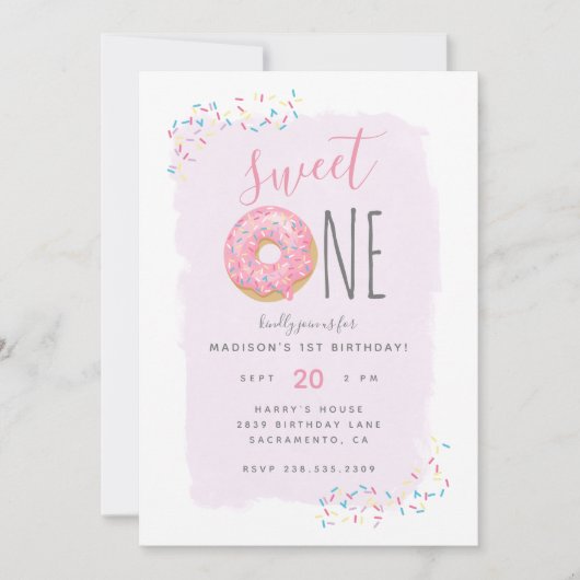 Paars | Roze Doughnut Sprinkle Sweet 1ste verjaard Kaart (Voorkant)