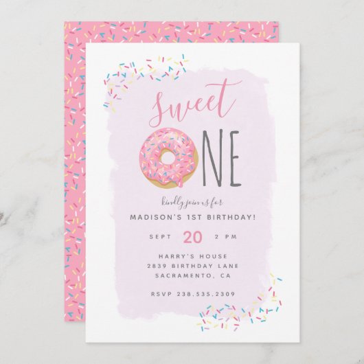 Paars | Roze Doughnut Sprinkle Sweet 1ste verjaard Kaart (Voorkant / Achterkant)