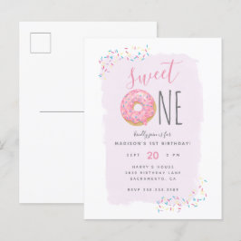 Paars | Roze Doughnut Sprinkle Sweet 1ste verjaard Uitnodiging Briefkaart
