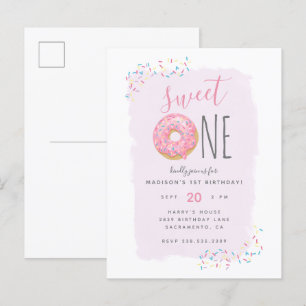 Paars Roze Doughnut Sprinkle Sweet 1ste verjaard Uitnodiging Briefkaart