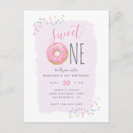Paars | Roze Doughnut Sprinkle Sweet 1ste verjaard Uitnodiging Briefkaart