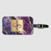 Paars & roze en Faux Gold Glitter Agate Monogram Bagagelabel (Voorkant (horizontaal))