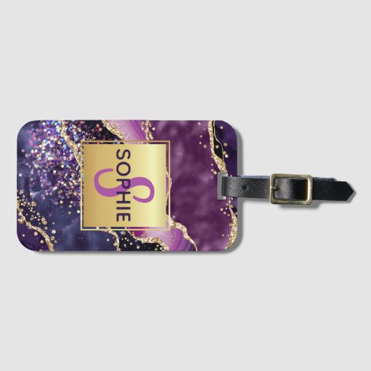 Paars & roze en Faux Gold Glitter Agate Monogram Bagagelabel (Voorkant (horizontaal))