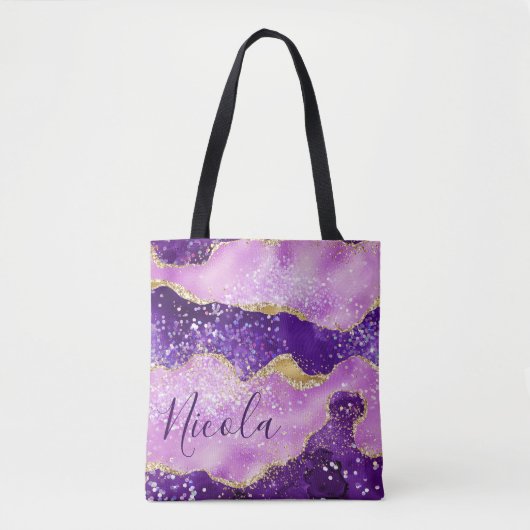 Paars & roze en Faux Gold Glitter Agate Tote Bag (Voorkant)
