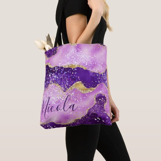 Paars & roze en Faux Gold Glitter Agate Tote Bag (Dichtbij)