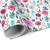 Paars, roze en rode waterverf floreel patroon cadeaupapier (Rol Hoek)