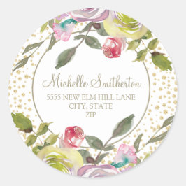 Paars Roze Floral Gold Glitter Adres Ronde Sticker