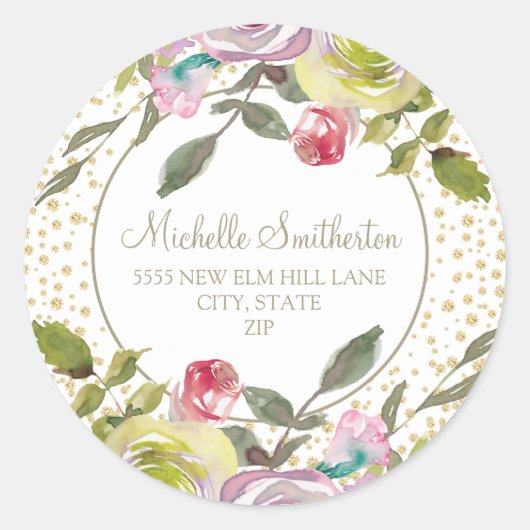 Paars Roze Floral Gold Glitter Adres Ronde Sticker (Voorkant)