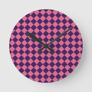 Paars Roze Geruite Diamant Patroon Ronde Klok