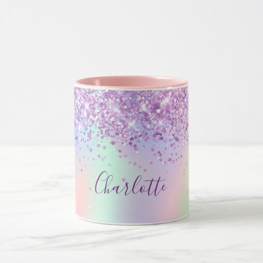 Paars roze glitter holographic name script mok (Midden)
