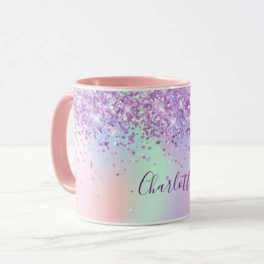 Paars roze glitter holographic name script mok (Voorkant links)