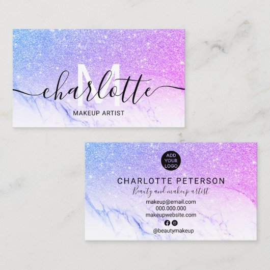 Paars roze glitter ombre marmer name make make up visitekaartje (Voorkant / Achterkant)