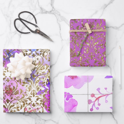 Paars Roze gouddameslantaarns floraal Inpakpapier Vel (Voorkant)