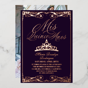Paars & Roze Gouden Elegante Quinceanera Foto Foli Folie Uitnodiging