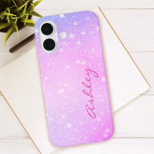 Paars & Roze Gradiënt, Witte Sterren & Naam in Scr iPhone 16 Hoesje