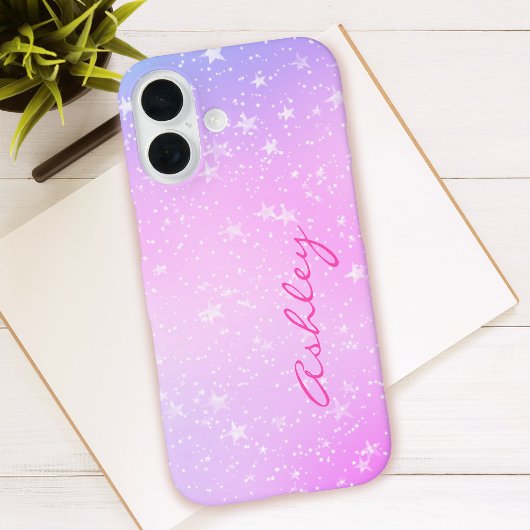 Paars & Roze Gradiënt, Witte Sterren & Naam in Scr Case-Mate iPhone Case