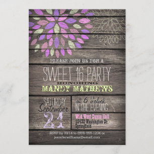Paars, roze, groen; Rustic Wood Sweet 16 Party Kaart