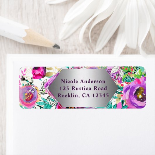 Paars roze, kleurrijk modern Floral Patroon Etiket (Insitu)