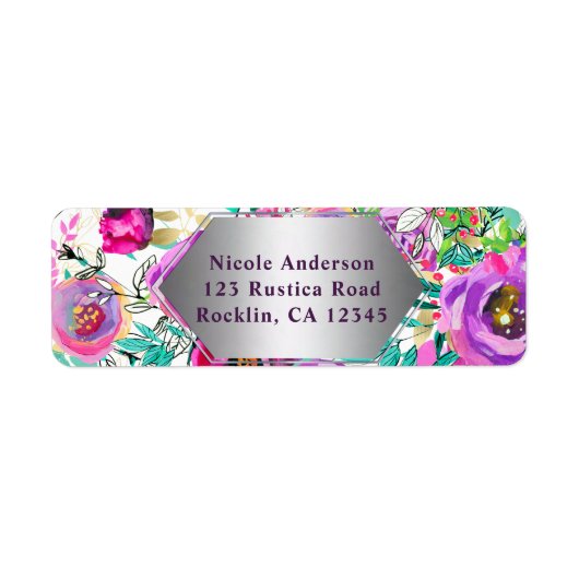 Paars roze, kleurrijk modern Floral Patroon Etiket (Voorkant)