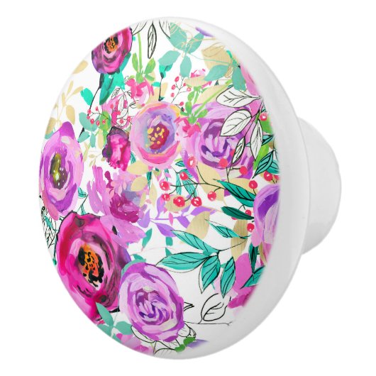 Paars roze, kleurrijk modern Floral Patroon Keramische Knop (Rechts)