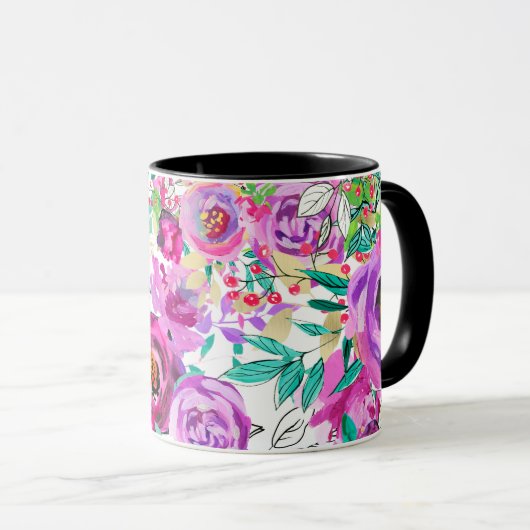 Paars roze, kleurrijk modern Floral Patroon Mok (Voorkant rechts)