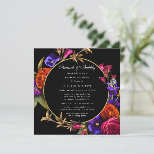 Paars Roze Oranje Floral Brunch en Bubble Shower Kaart (Staand voorkant)