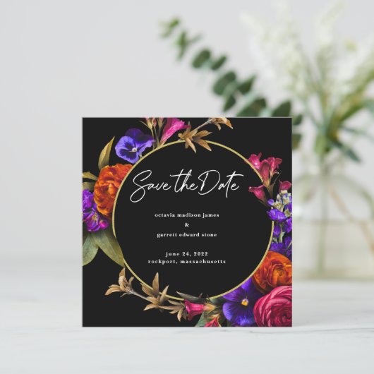 Paars Roze Oranje Floral Save The Date (Staand voorkant)