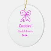 Paars roze strik bruidsfeest met naam keramisch ornament (Links)