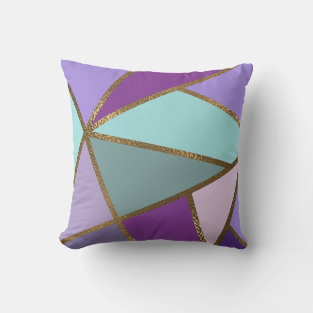 Paars Roze Teal Turquoise & Brons Goud Geometrisch Kussen (Voorkant)