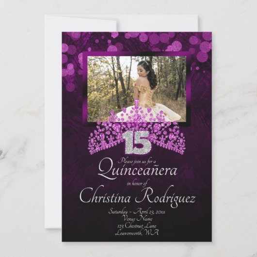 Paars, Roze Tiara Quinceanera Uitnodiging (Voorkant)