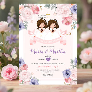 Paars & Roze TWIN Meisje 1e Heilige Communie Bloem Kaart