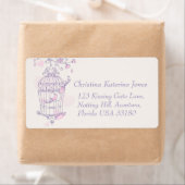 Paars roze vogelkooi trouwlabel etiket (Insitu)