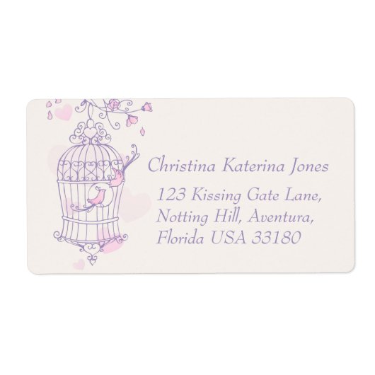 Paars roze vogelkooi trouwlabel etiket (Voorkant)